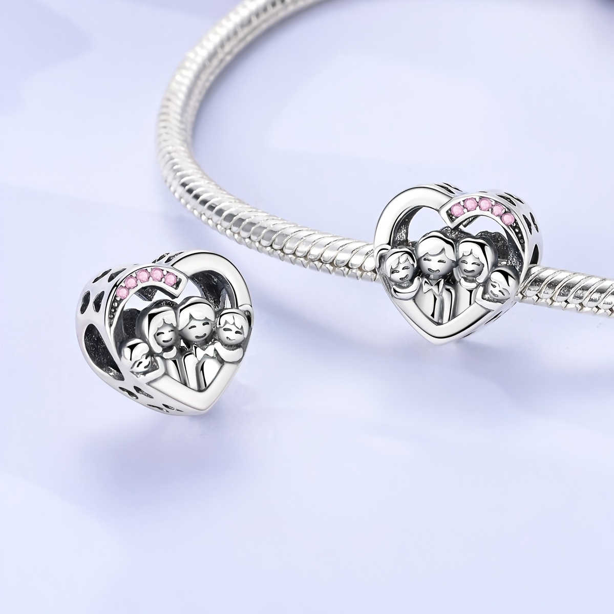 Silver Plated Heart-Shaped Family Portrait Charm, DIY Craft